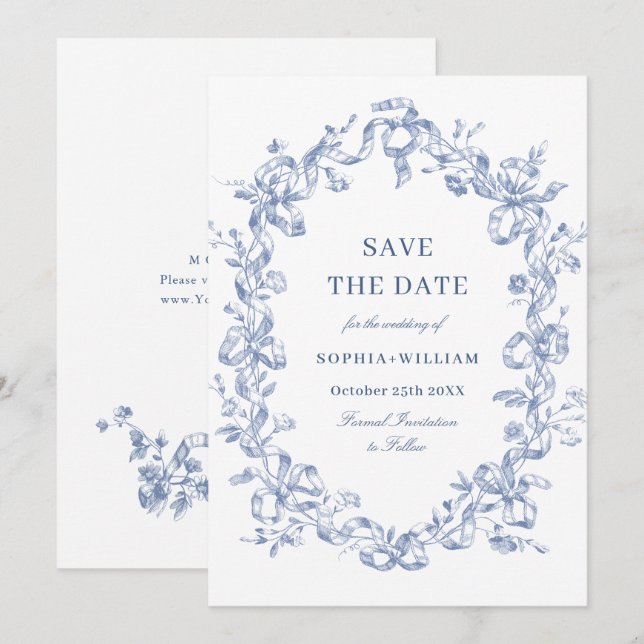 Victorian Ornate Grace Floral Blue Save the Date (Front/Back)