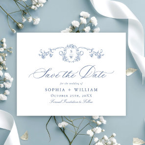 Victorian Ornate Grace Floral Blue Save the Date Postcard