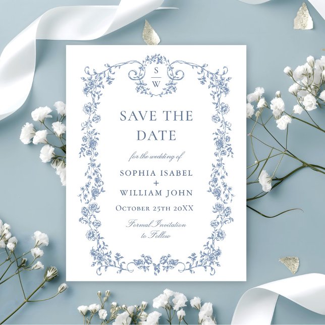 Victorian Ornate Grace Floral Blue Save the Date Postcard (Creator Uploaded)