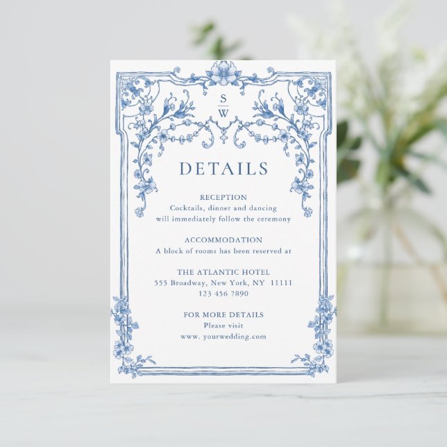 Victorian Ornate Grace Floral Blue Wedding Details Enclosure Card (Standing Front)
