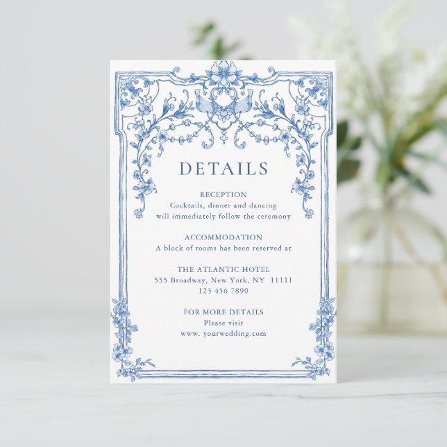 Victorian Ornate Grace Floral Blue Wedding Details Enclosure Card (Standing Front)