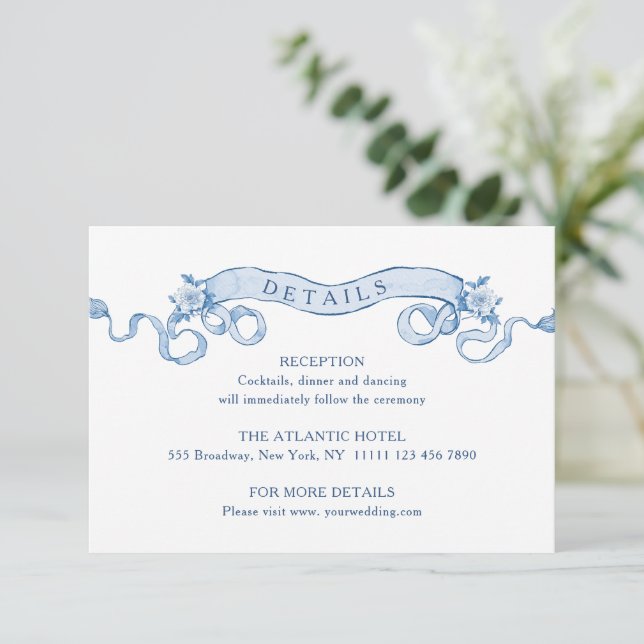 Victorian Ornate Grace Floral Blue Wedding Details Enclosure Card (Standing Front)
