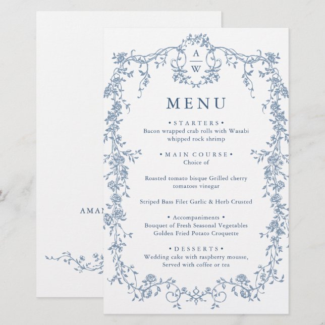Victorian Ornate Grace Floral Blue Wedding Menu (Front/Back)