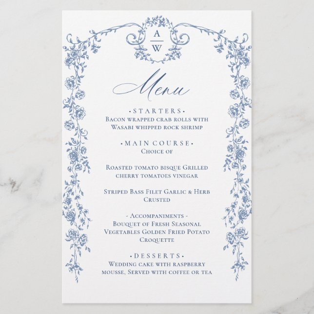 Victorian Ornate Grace Floral Blue Wedding Menu (Front)