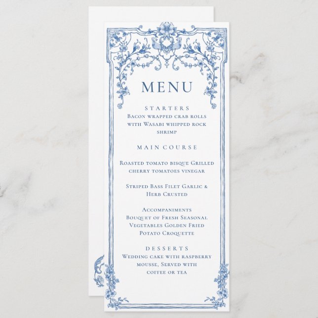 Victorian Ornate Grace Floral Blue Wedding Menu  Invitation (Front/Back)