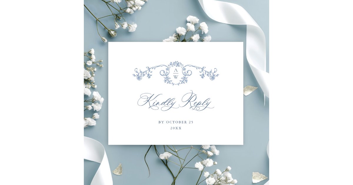 Victorian Ornate Grace Floral Blue Wedding RSVP Postcard | Zazzle