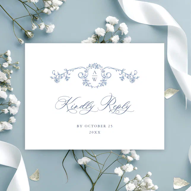 Victorian Ornate Grace Floral Blue Wedding RSVP Postcard | Zazzle