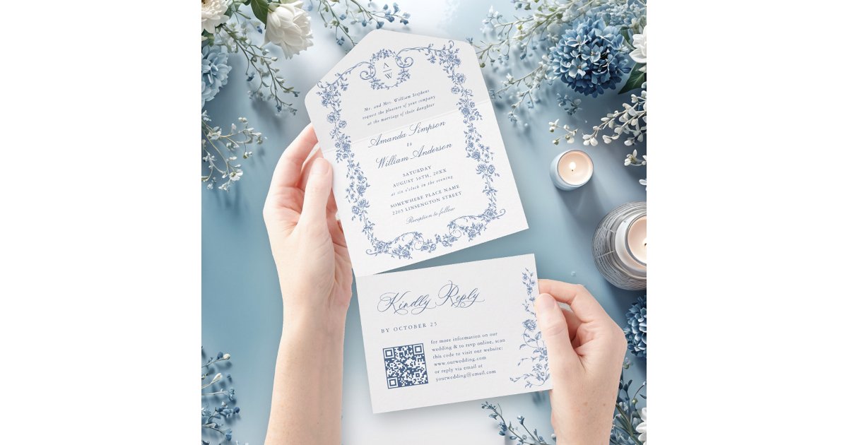 Victorian Ornate Grace Floral Dusty Blue Wedding All In One Invitation ...