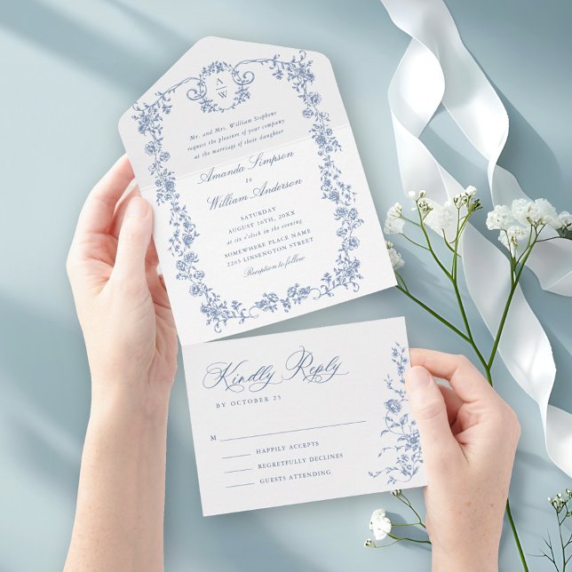 Victorian Ornate Grace Floral Dusty Blue Wedding All In One Invitation (Creator Uploaded)