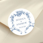 Victorian Ornate Grace Floral Dusty Blue Wedding Classic Round Sticker<br><div class="desc">For further customization,  please click the "customize further" link and use our design tool to modify this template. 
If you need help or matching items,  please contact me.</div>