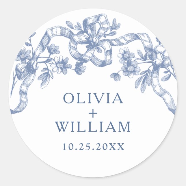 Victorian Ornate Grace Floral Dusty Blue Wedding Classic Round Sticker (Front)
