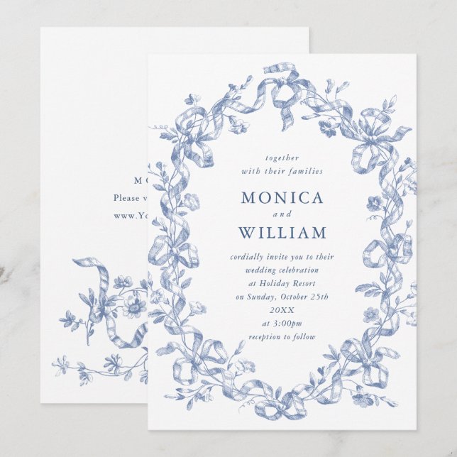 Victorian Ornate Grace Floral Dusty Blue Wedding Invitation (Front/Back)