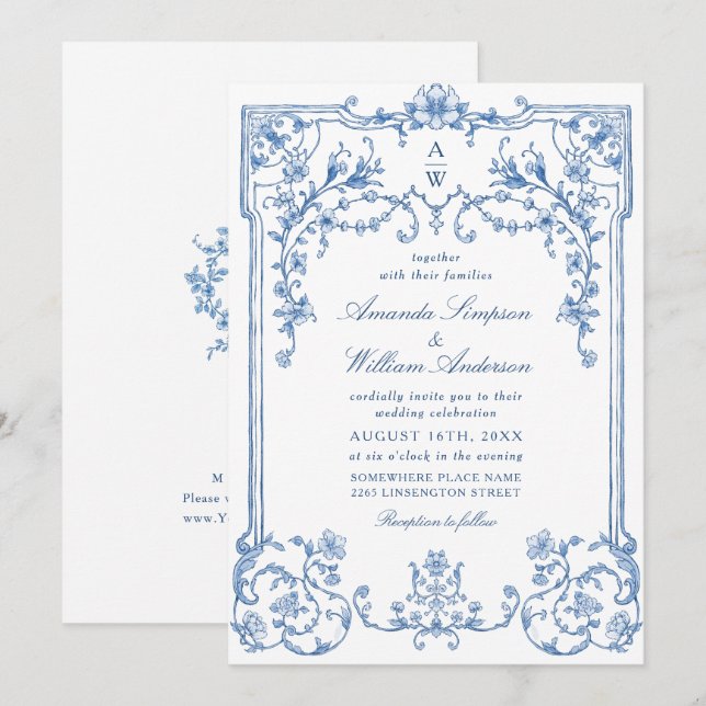 Victorian Ornate Grace Floral Dusty Blue Wedding Invitation (Front/Back)
