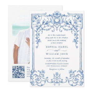 Victorian Ornate Grace Floral Dusty Blue Wedding Invitation