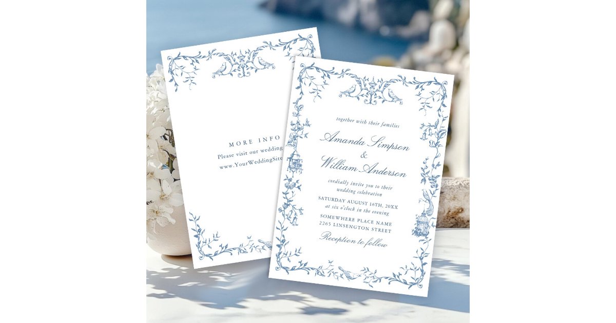 Victorian Ornate Grace Floral Dusty Blue Wedding Invitation | Zazzle