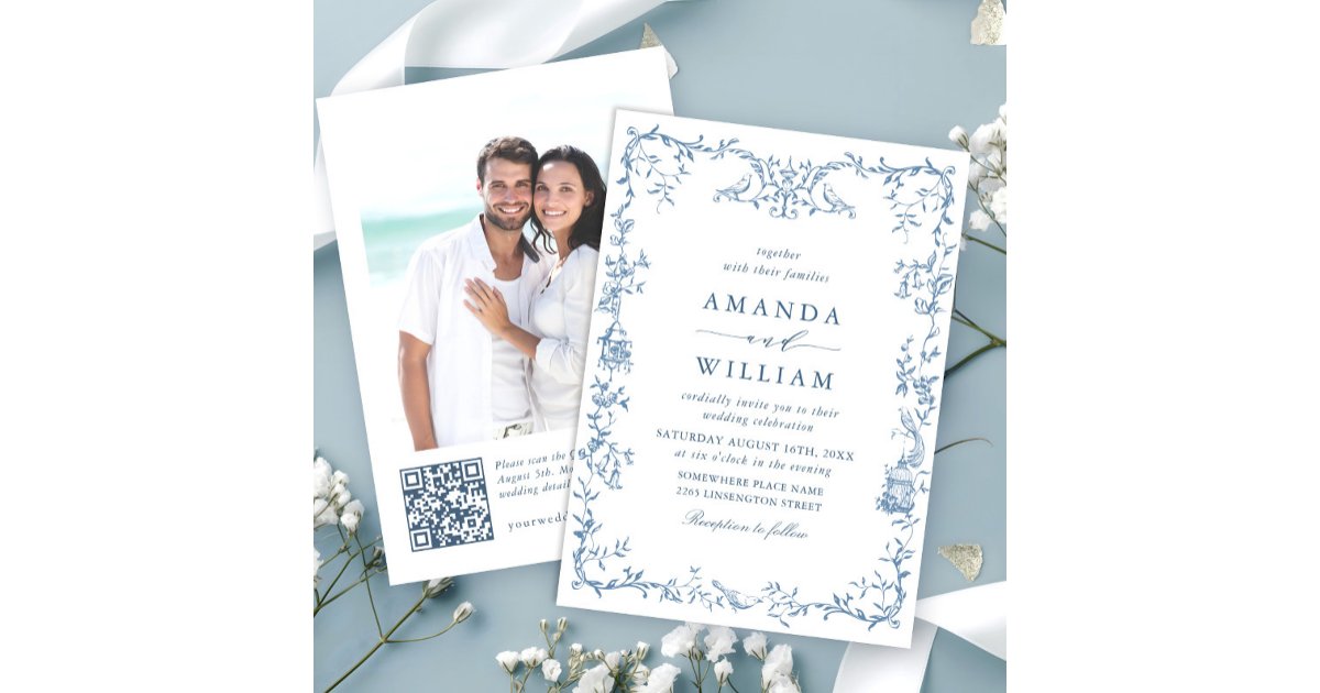 Victorian Ornate Grace Floral Dusty Blue Wedding Invitation | Zazzle