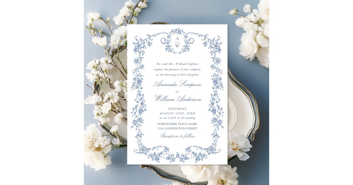Victorian Ornate Grace Floral Dusty Blue Wedding Invitation | Zazzle