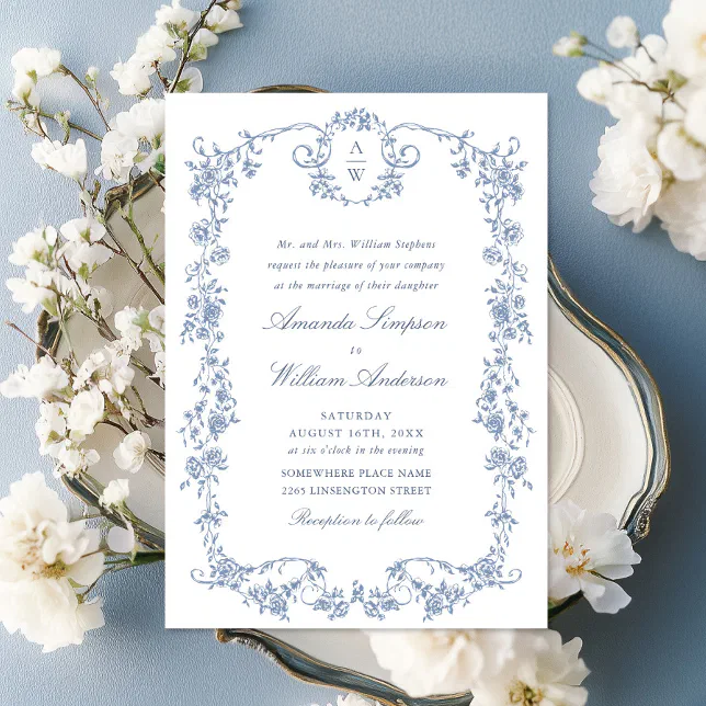 Victorian Ornate Grace Floral Dusty Blue Wedding Invitation | Zazzle