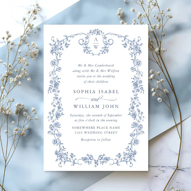 Victorian Ornate Grace Floral Dusty Blue Wedding Invitation | Zazzle