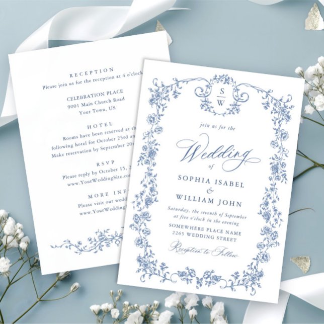 Victorian Ornate Grace Floral Dusty Blue Wedding Invitation (Creator Uploaded)