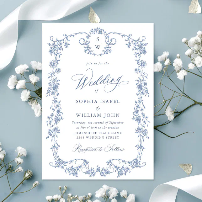 Victorian Ornate Grace Floral Dusty Blue Wedding Invitation | Zazzle