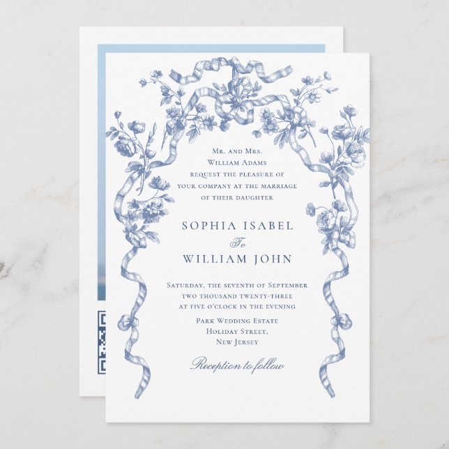 Victorian Ornate Grace Floral Dusty Blue Wedding Invitation (Front/Back)