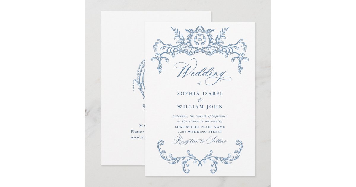 Victorian Ornate Grace Floral Dusty Blue Wedding Invitation | Zazzle