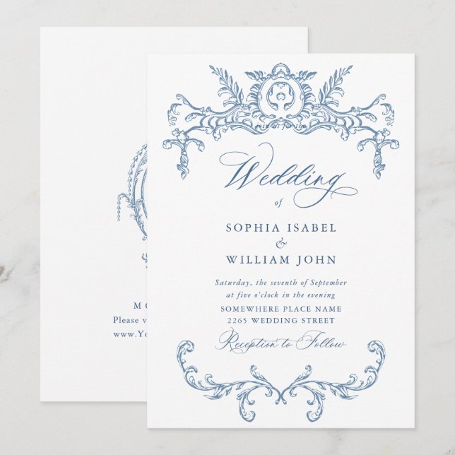 Victorian Ornate Grace Floral Dusty Blue Wedding Invitation (Front/Back)