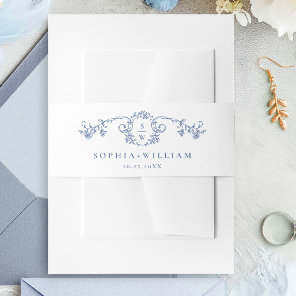 Victorian Ornate Grace Floral Dusty Blue Wedding Invitation Belly Band