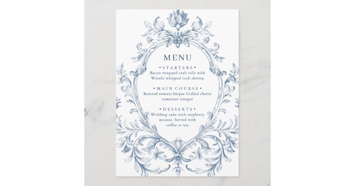 Victorian Ornate Grace Floral Dusty Blue Wedding Menu | Zazzle