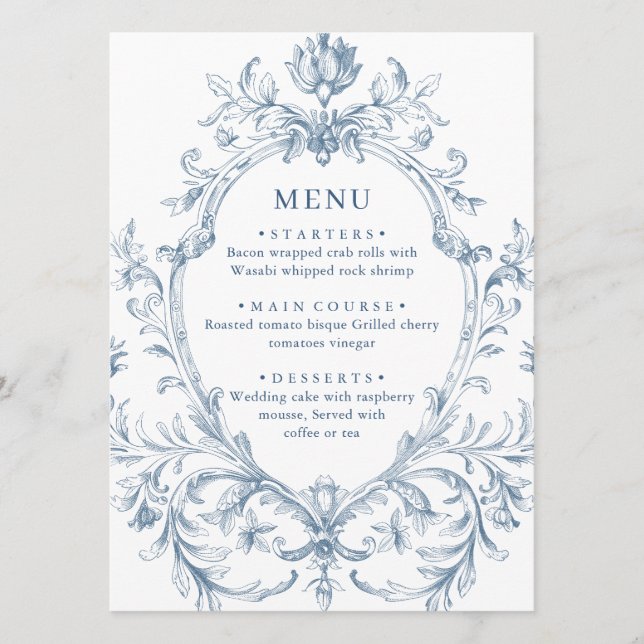 Victorian Ornate Grace Floral Dusty Blue Wedding Menu (Front)