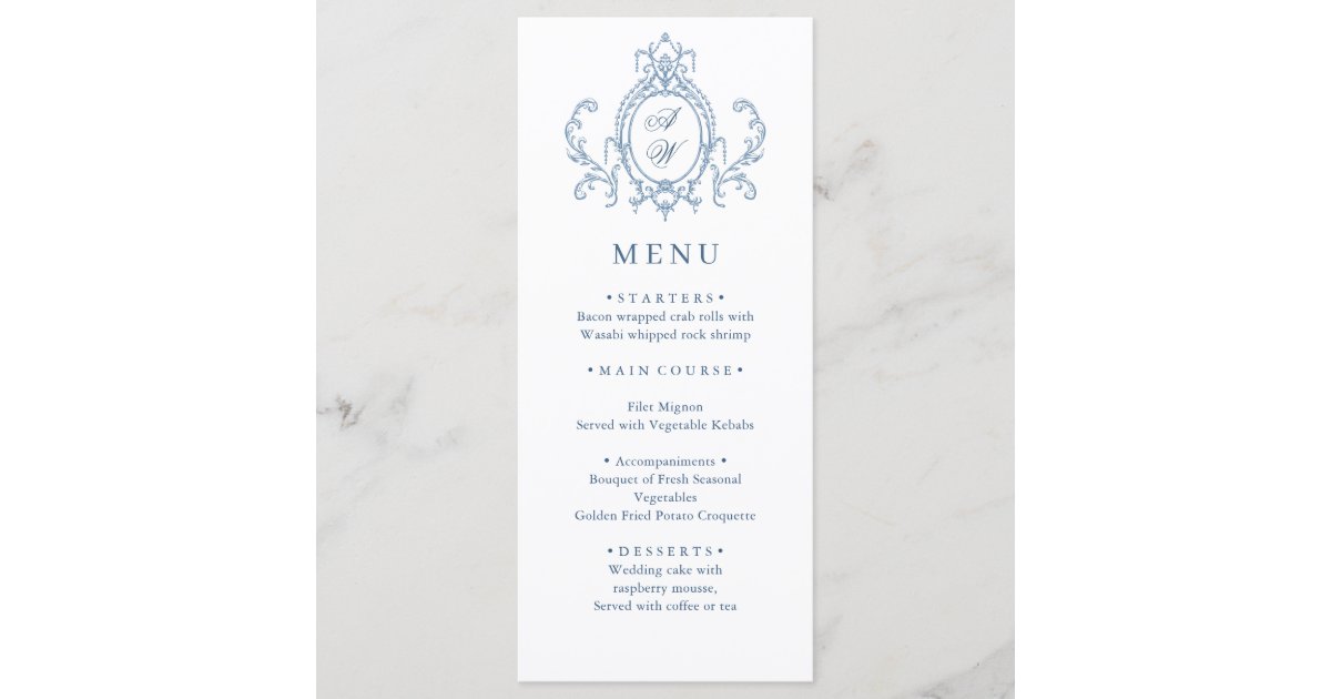 Victorian Ornate Grace Floral Dusty Blue Wedding Menu | Zazzle