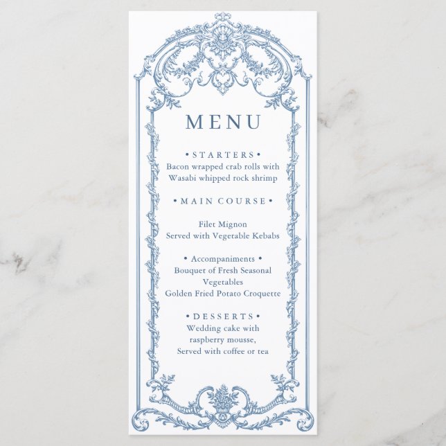 Victorian Ornate Grace Floral Dusty Blue Wedding Menu (Front)