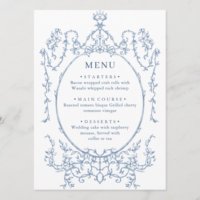 Victorian Ornate Grace Floral Dusty Blue Wedding Menu (Front)