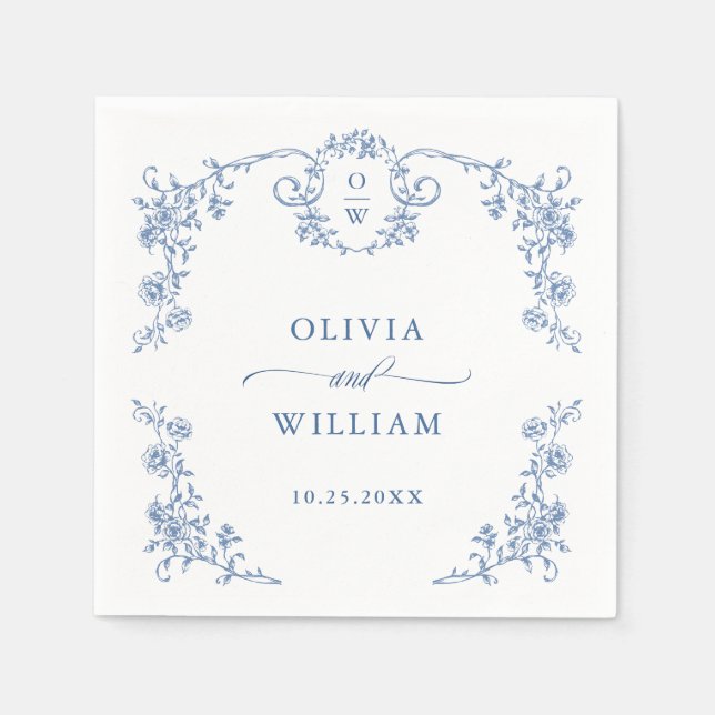 Victorian Ornate Grace Floral Dusty Blue Wedding Napkins (Front)