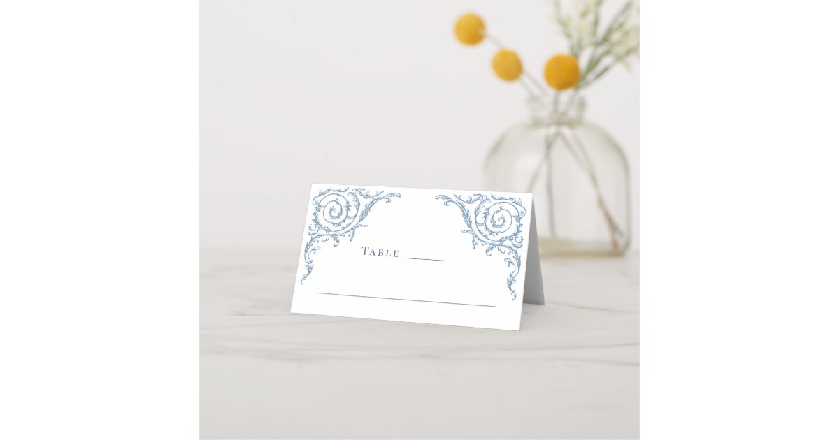 Victorian Ornate Grace Floral Dusty Blue Wedding Place Card | Zazzle