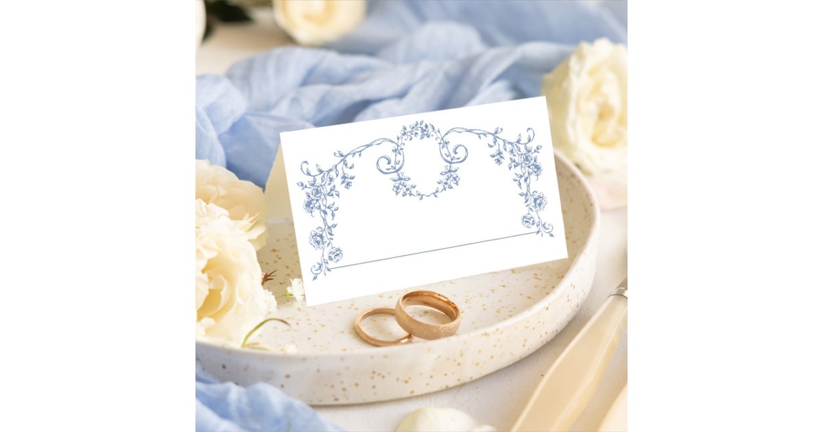 Victorian Ornate Grace Floral Dusty Blue Wedding Place Card | Zazzle