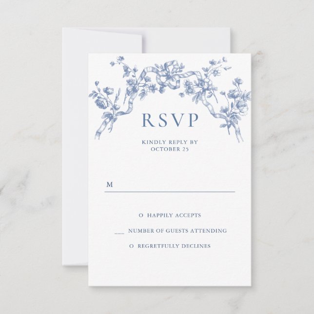 Victorian Ornate Grace Floral Dusty Blue Wedding RSVP Card (Front)