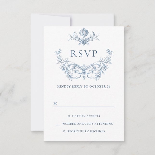 Victorian Ornate Grace Floral Dusty Blue Wedding RSVP Card (Front)