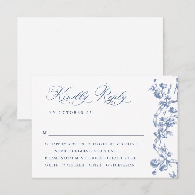 Victorian Ornate Grace Floral Dusty Blue Wedding RSVP Card (Front/Back)