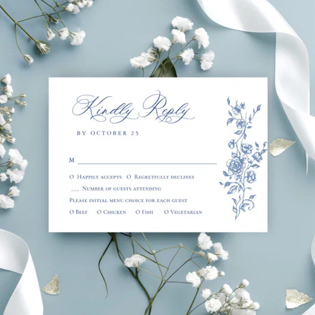 Victorian Ornate Grace Floral Dusty Blue Wedding RSVP Card | Zazzle