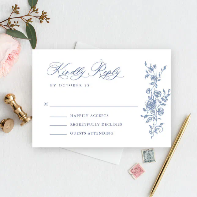 Victorian Ornate Grace Floral Dusty Blue Wedding RSVP Card | Zazzle