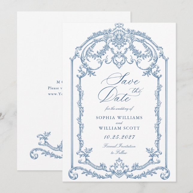 Victorian Ornate Grace Floral Dusty Blue Wedding Save The Date (Front/Back)