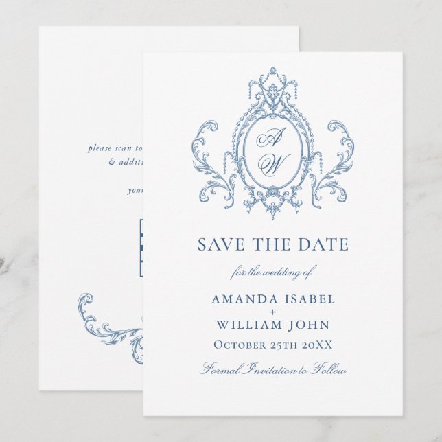 Victorian Ornate Grace Floral Dusty Blue Wedding Save The Date (Front/Back)