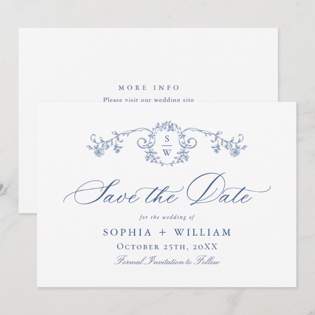 Victorian Ornate Grace Floral Dusty Blue Wedding Save The Date (Front/Back)