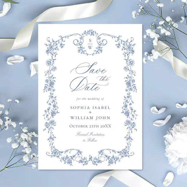 Victorian Ornate Grace Floral Dusty Blue Wedding Save The Date | Zazzle