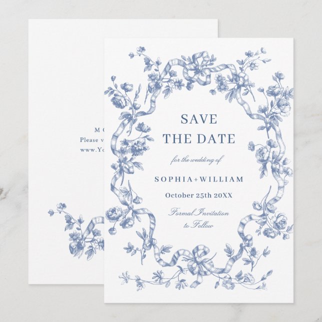 Victorian Ornate Grace Floral Dusty Blue Wedding Save The Date (Front/Back)