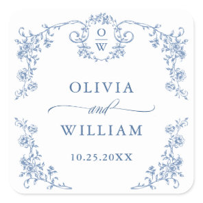 Victorian Ornate Grace Floral Dusty Blue Wedding Square Sticker
