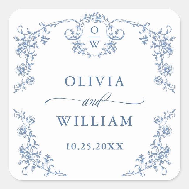 Victorian Ornate Grace Floral Dusty Blue Wedding Square Sticker (Front)