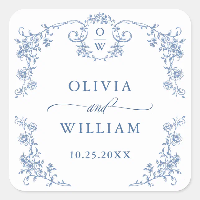 Victorian Ornate Grace Floral Dusty Blue Wedding Square Sticker | Zazzle